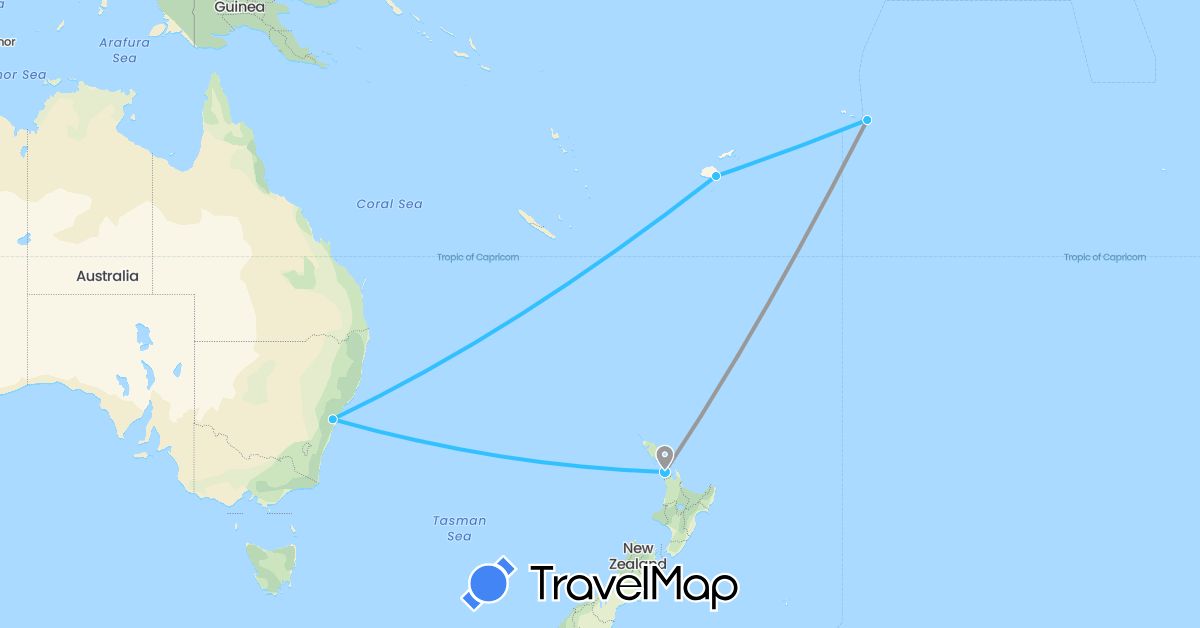 TravelMap itinerary: driving, plane, boat in Australia, Fiji, New Zealand, United States (North America, Oceania)